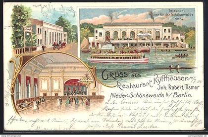 Lithographie Nieder-Schöneweide b. Berlin, Dampfer Anlegestelle Kyffhäuser mit Restaurant, Innenansicht, Eingang