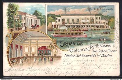 Lithographie Nieder-Schöneweide b. Berlin-Niederschöneweide, Restaurant Kyffhäuser v. Robert Tismer mit Innenansicht