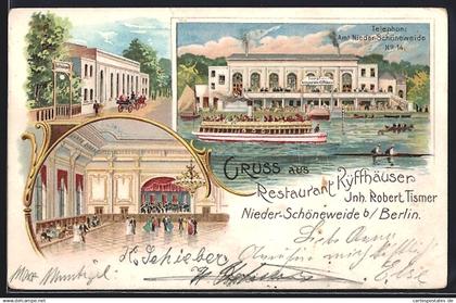 Lithographie Nieder-Schöneweide b. Berlin-Niederschöneweide, Restaurant Kyffhäuser v. Robert Tismer mit Innenansicht