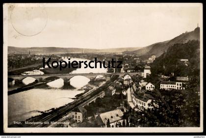 ALTE POSTKARTE TRIER MOSELPARTIE MIT MARIENSÄULE 1932 Eisenbahn Railway chemin de fer cpa postcard Ansichtskarte AK