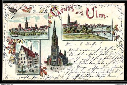 Lithographie Ulm, Teilansicht, Rathaus, Ortspartie