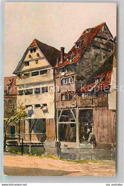 Ulm Donau Alt Ulm Gerberhaeuser Blau Aquarell Marschall