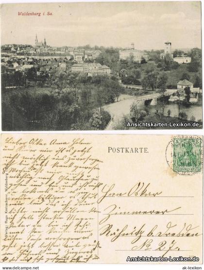 Ansichtskarte Waldenburg (Sachsen) Totale mit Brücke 1908