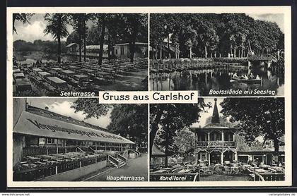 AK Berlin-Plötzensee, Gasthof Carlshof am Spandauer Schiffahrtskanal, Hauptterrasse, Konditorei, Bootsstände