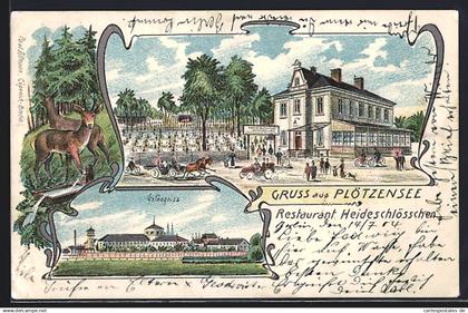 Lithographie Berlin-Plötzensee, Restaurant Heideschlösschen mit Gartenwirtschaft, Gefängnis