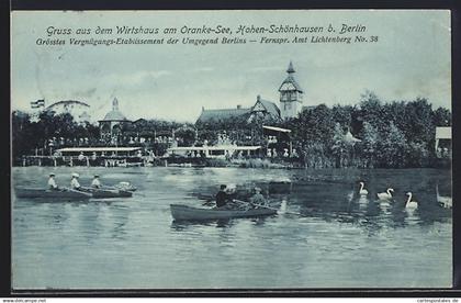 AK Berlin-Hohenschönhausen, Wirtshaus am Oranke-See mit Ruderbooten