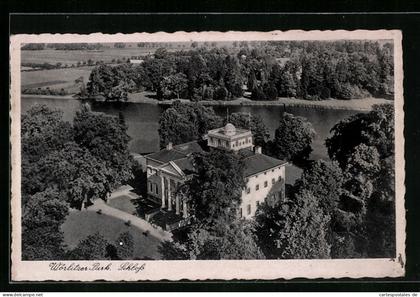 AK Wörlitz, Schloss und Park aus der Vogelschau