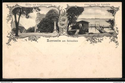 AK Zarrentin am Schaalsee, Kirche und Kriegerdenkmal, Abfahrtstelle der Motorböte
