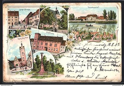 Lithographie Zörbig, Lange Strasse, Dorotheenhof, Hallisches Thor und Rathaus mit Kriegerdenkmal