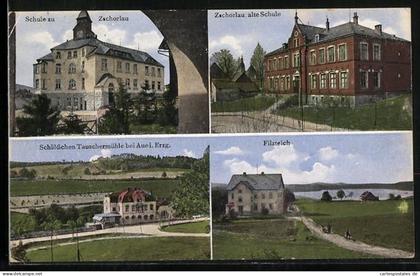 AK Zschorlau, Schule, Blick zur alten Schule, Filzteich und Schlösschen Tauschermühle