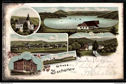 Lithographie Zschorlau /Erzgeb., Kirche, Schule, Hessmühle
