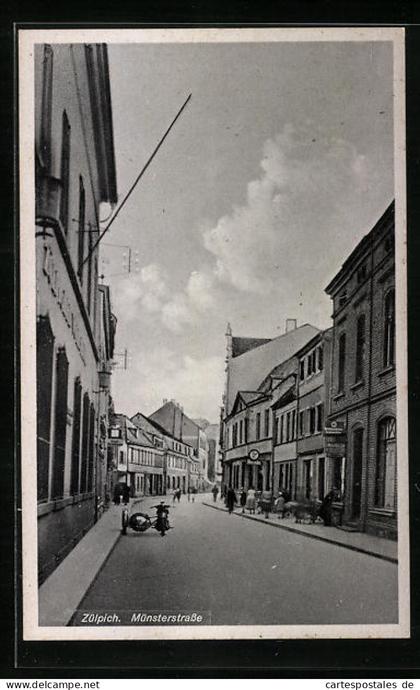 AK Zülpich, Münsterstrasse, Motorrad mit Beiwagen