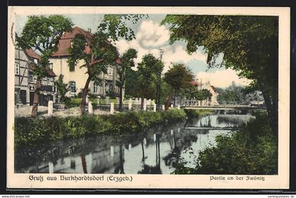 AK Burkhardtsdorf, Ortsansicht mit Partie an der Zwönitz