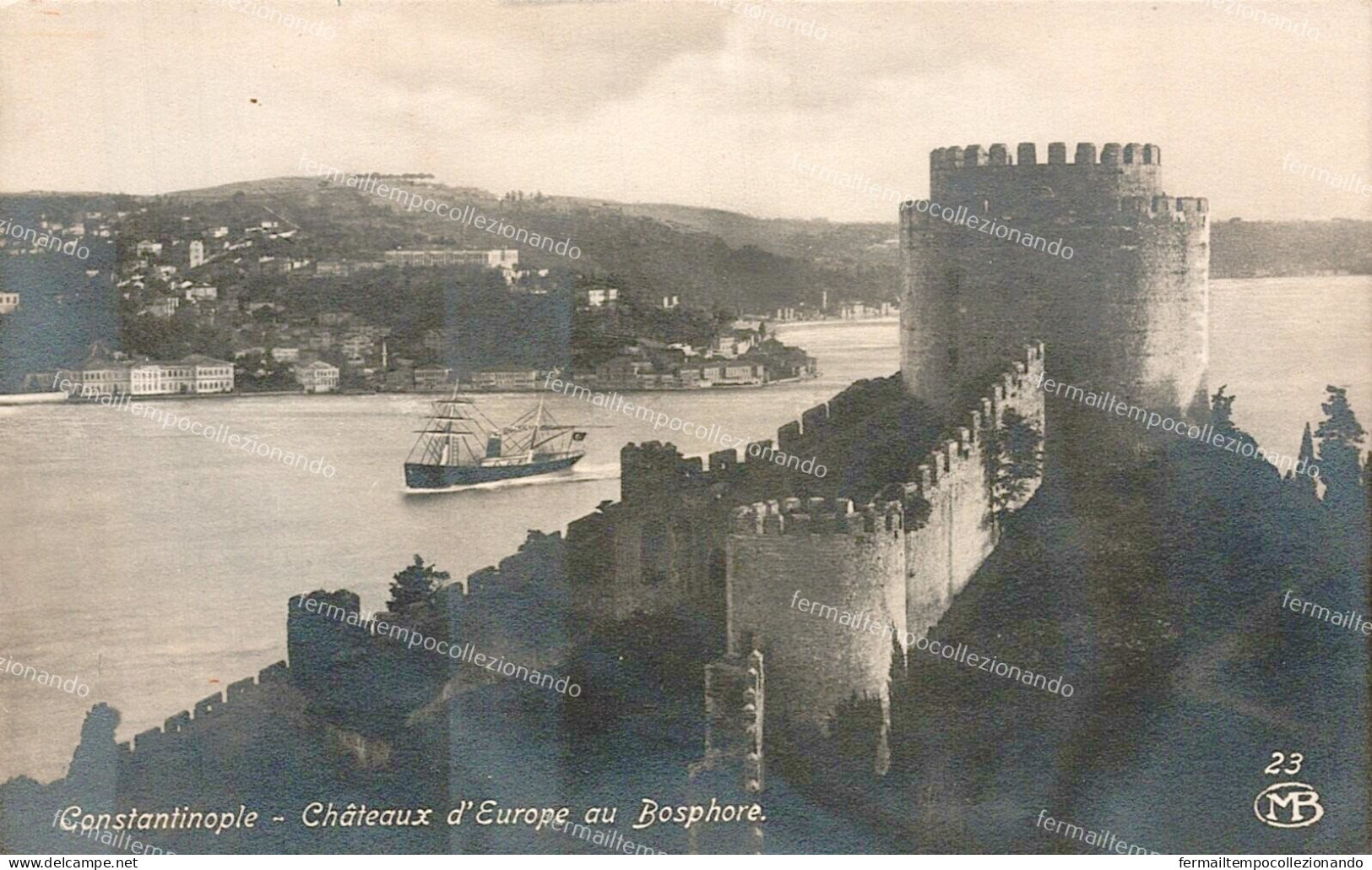 dg462 cartolina cpa costantinople, chateaux d'europe au bosphore turchia