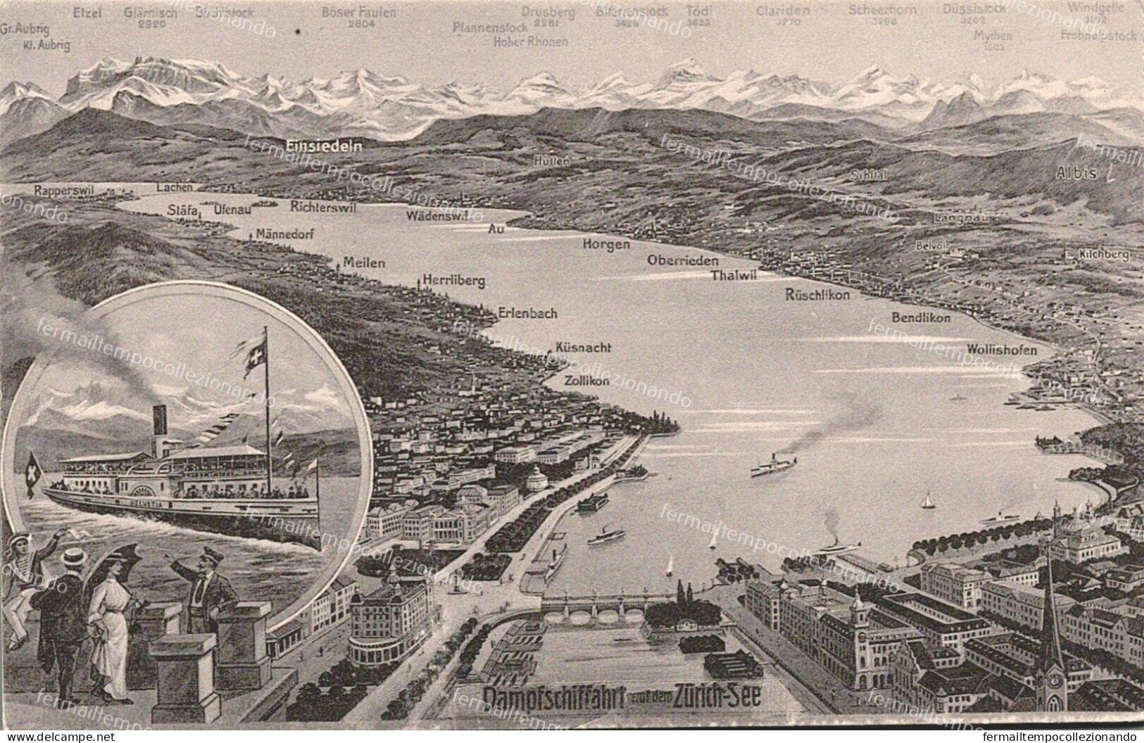 di88 cartolina Gita in battello a vapore sul lago di Zurigo.