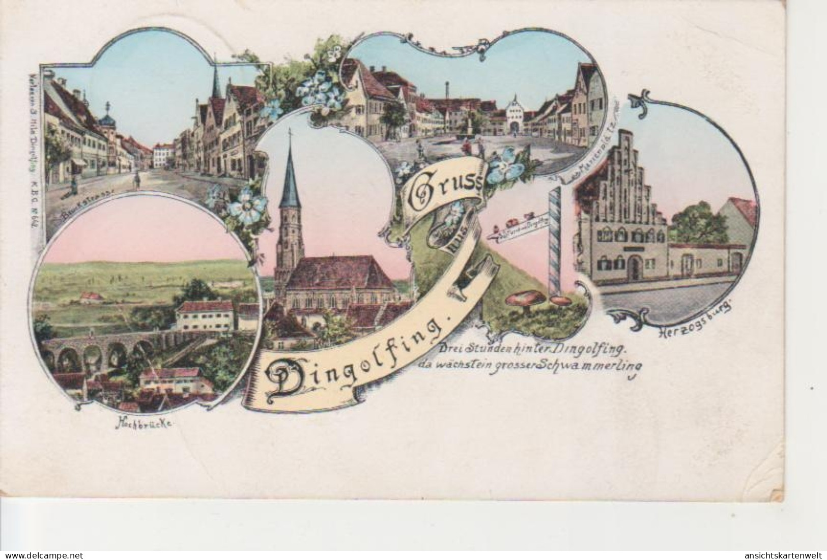 Dingolfing LITHO Bruckstr. Marienplatz Burg Kirche Brücke feldpgl1916 #228.109