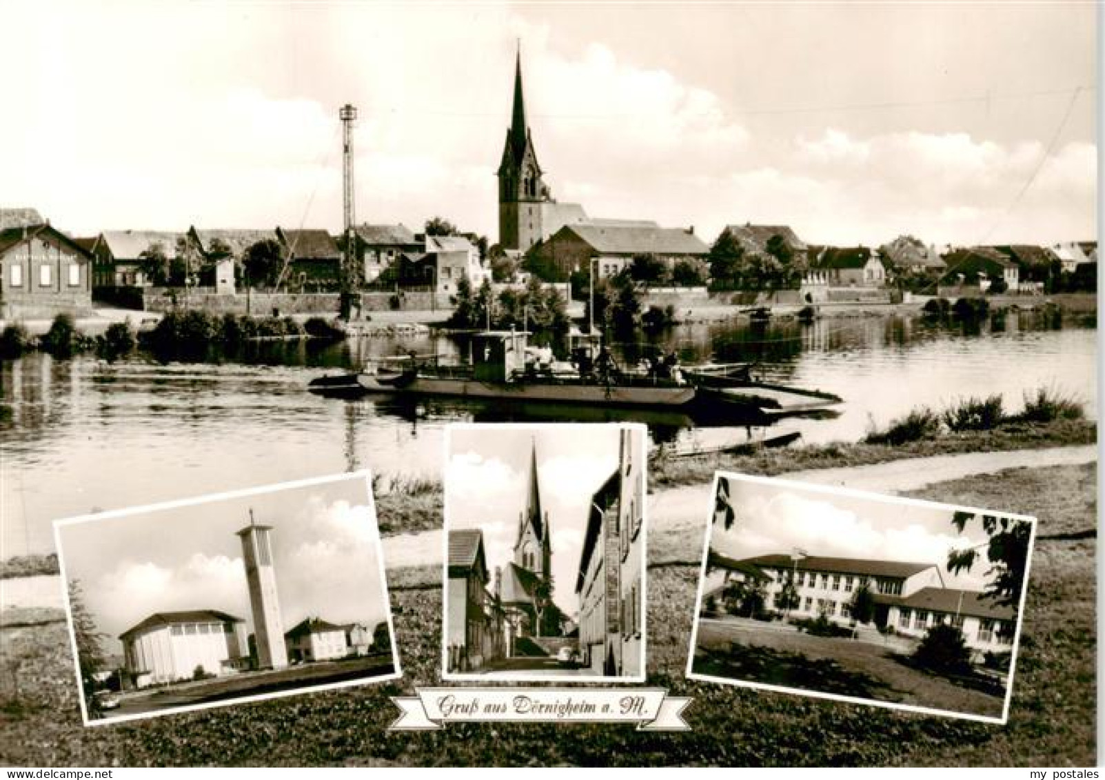 Doernigheim Maintal Blick ueber den Main zur Kirche Faehre Ortszentrum