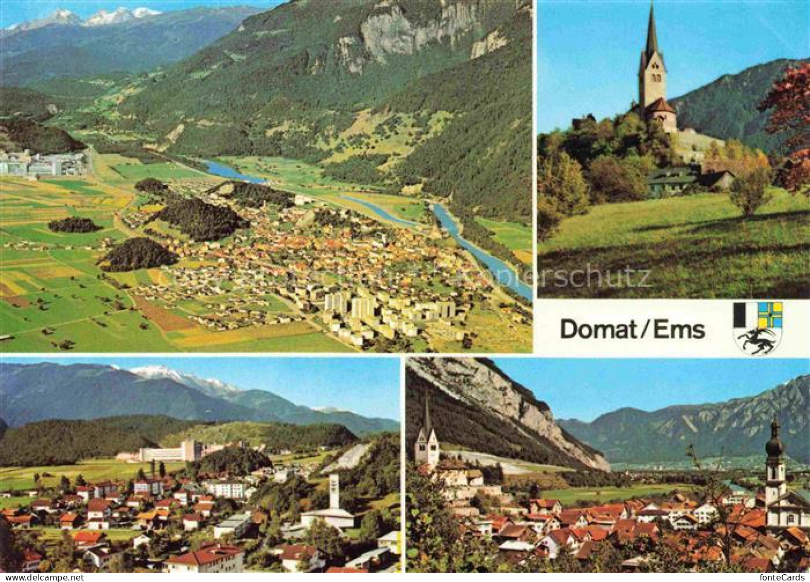 Domat Ems GR Fliegeraufnahme mit Vorderrhein Tal und Brigelserhoerner Kirche