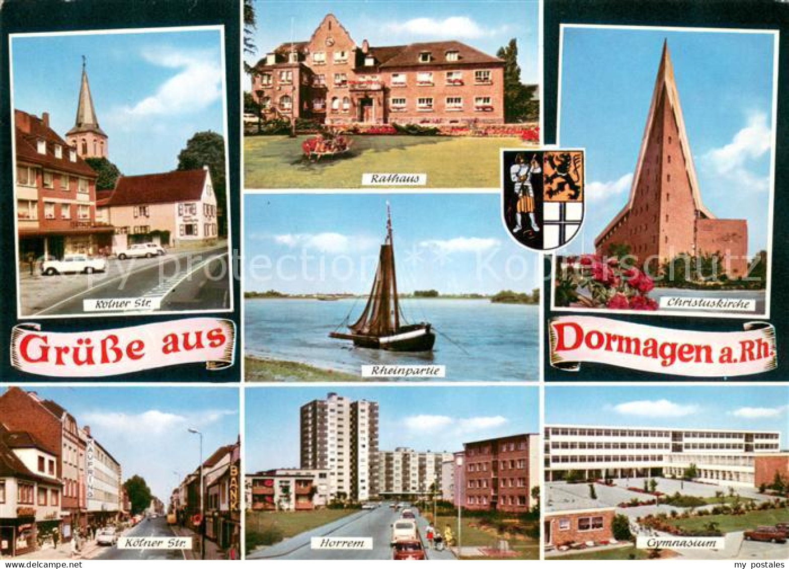 Dormagen Koelner Strasse Rathaus Rhein Fischkutter Kirche Koelner Strasse Horrem