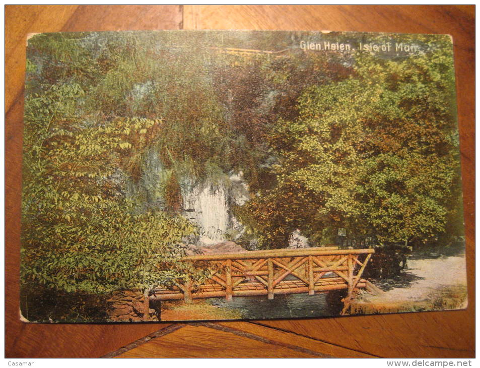 DOUGLAS 1906 to Llandudno Wales Glen Helen bridge fall post card Isle of Man GB UK