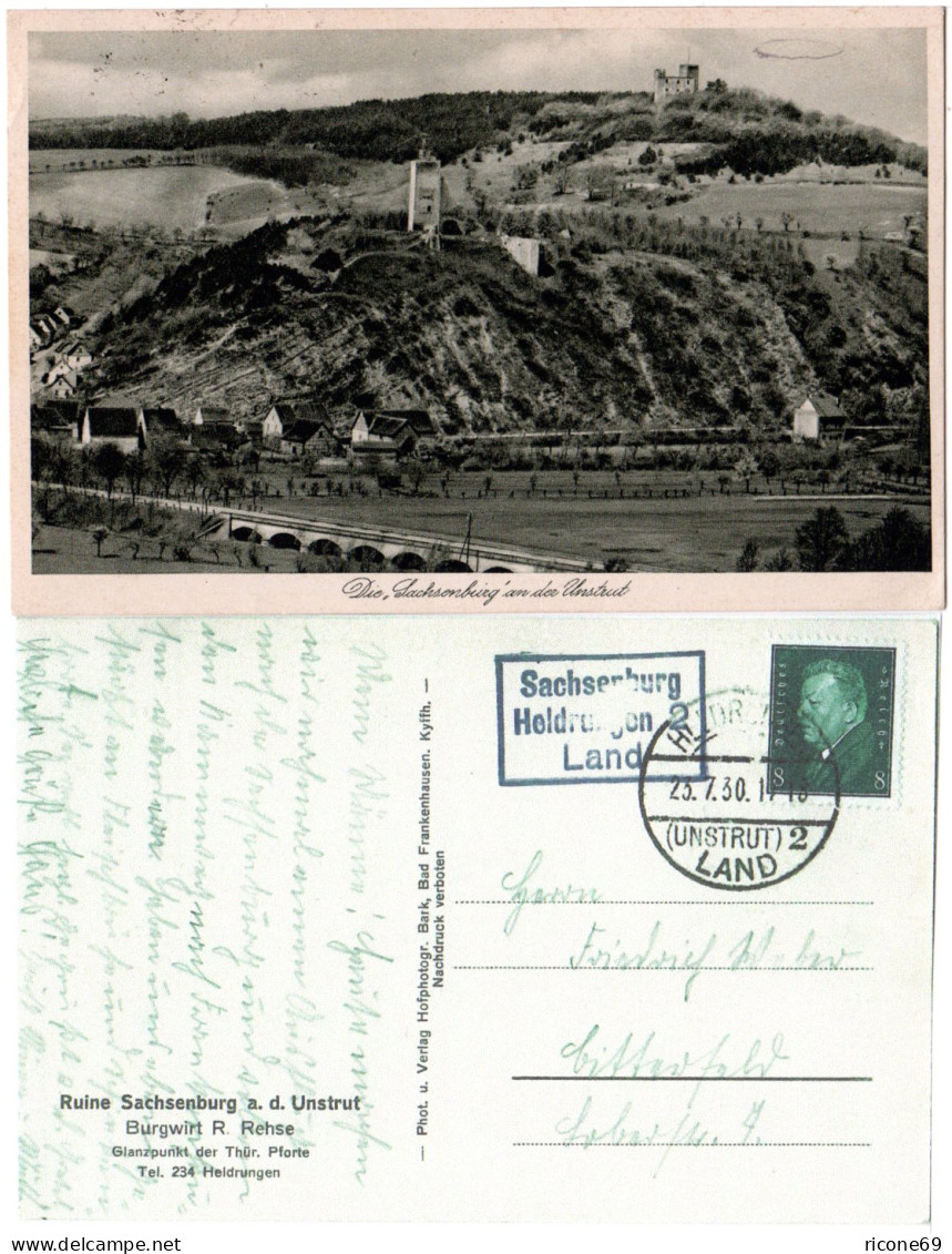 DR 1930, Landpoststpl. SACHSENBURG Heldrungen 2 Land auf sw-AK m. 8 Pf