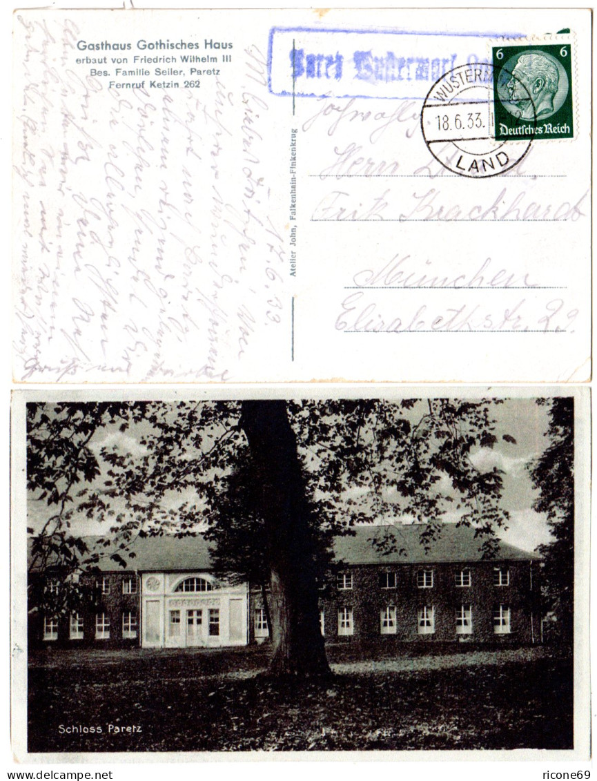 DR 1933, Landpost Stpl. PARETZ WUSTERMARK LAND auf sw-AK m. 6 Pf.