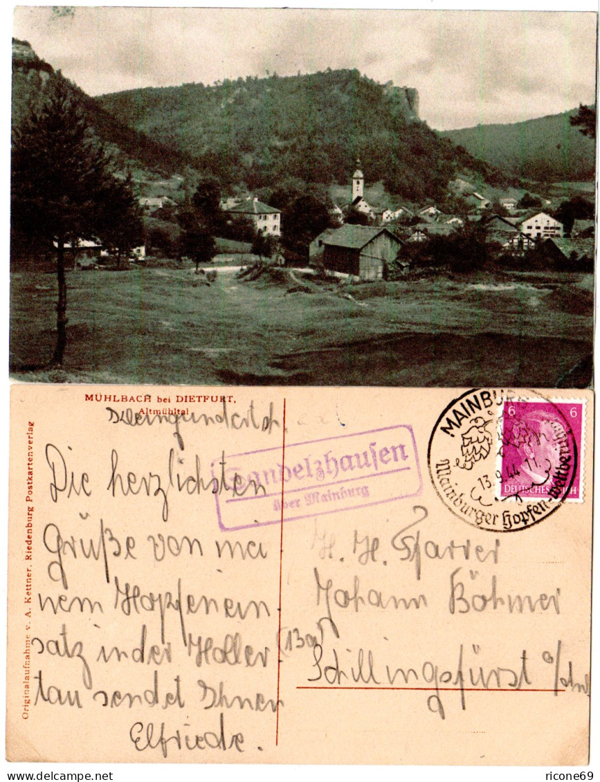 DR 1944, Landpoststpl. SANDELZHAUSEN über Mainburg auf Mühlbach sw-AK m. 6 Pf.