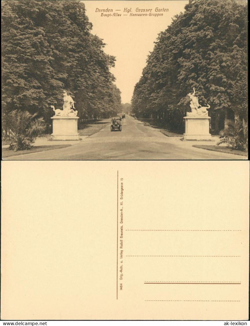 Dresden Auto, Großer Garten, Haupt Allee, Skulpturen am Eingang 1910