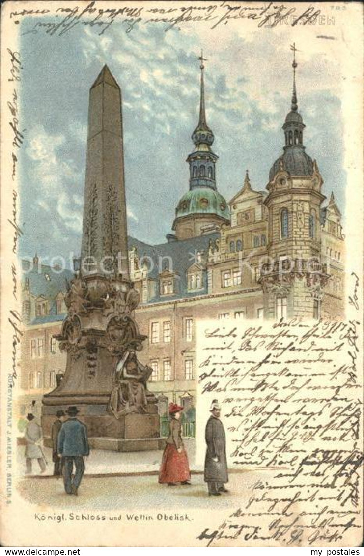 DRESDEN Elbe Koenigliches Schloss Wettin Obelisk Litho
