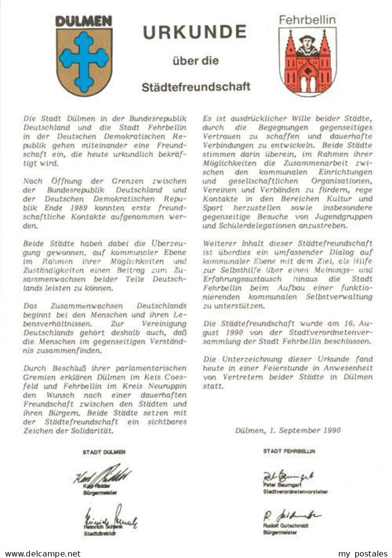 Duelmen Urkunde der Staedtefreundschaft Dulmen mit Fehrbellin