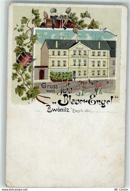 08297 O9417 Zwönitz Lithographie Hotel Blauer Engel Bierkrüge Postkarte... - 13629187