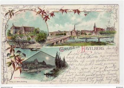 Lithographie Gruss aus Havelberg mit Stadtgraben, Dom und Totalansicht. ... - 39008046