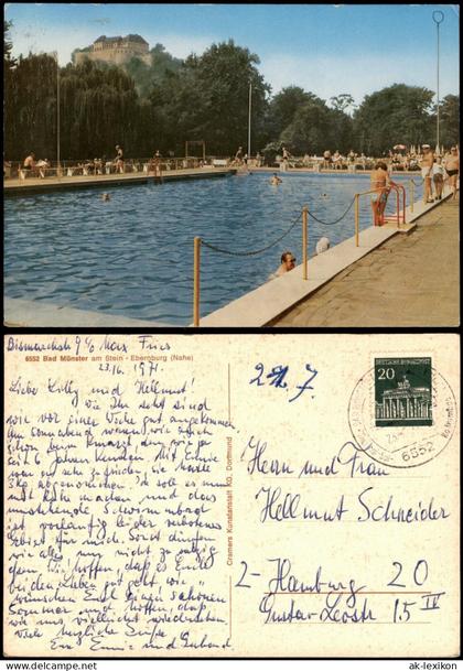 Bad Münster am Stein-Ebernburg Freibad mit Blick auf die Burg Ebernburg 1971