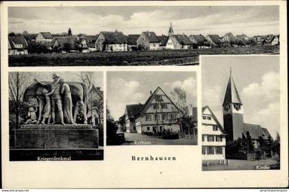 CPA Bernhausen Filderstadt Bade Württemberg, Kriegerdenkmal, Kirche, Rathaus, Totalansicht