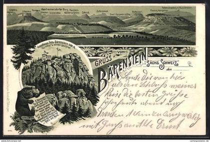 Lithographie Bärenstein, Gasthaus Fels Bärenstein, Panorama mit Pfaffenstein