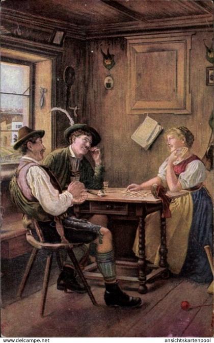 CPA Ismaning in Oberbayern, Eine Wirtsstube mit drei Personen, die Karten spielen.