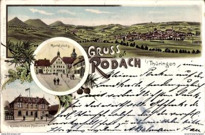 Lithographie Bad Rodach Oberfranken Bayern, Marktplatz, Postamt, Totalansicht