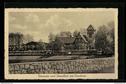 AK Berlin-Hohenschönhausen, Terrassen und Strandbad am Orankesee, Orankeseestr. 41-49