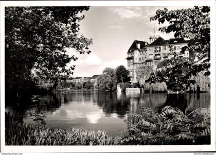 CPA Berlin Charlottenburg Plötzensee, Bild vom Wasser, Gebäude, Bäume, Himmel, schwarz-weiß