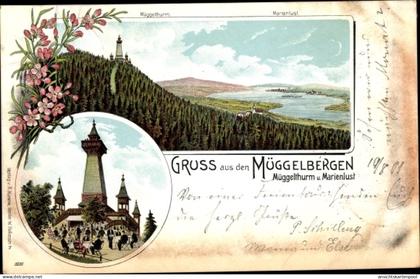 Lithographie Berlin Köpenick, Müggelsee, Müggelberge, Müggelturm, Marienlust