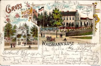 Lithographie Berlin Reinickendorf Waidmannslust, Restaurant Waidmannshof, Garten