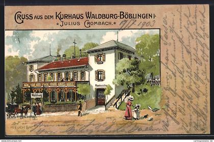 Lithographie Böblingen, Restaurant Kurhaus Waldburg-Böblingen von H. Crombach