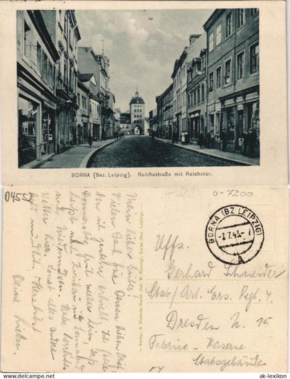 Ansichtskarte Borna Reichsstraße, Geschäfte 1943