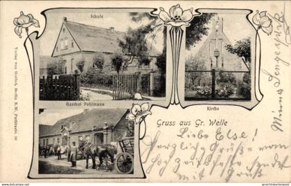 Art Nouveau CPA Groß Welle Gumtow Prignitz Schule, Gasthof Pohlmann, Kirche