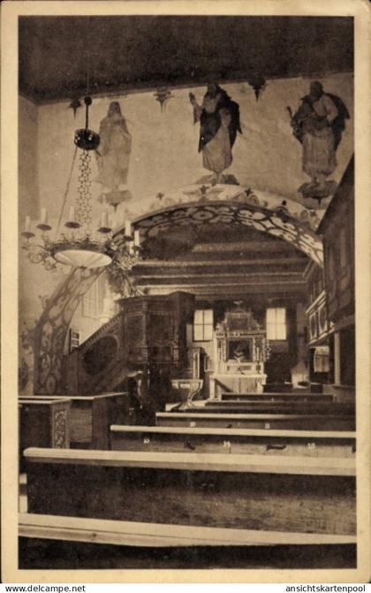 CPA Ketzür Butzow im Havelland, Innenraum mit Altar, Kanzel, Holz-Bänke, Wandbilder, Kronleuchter