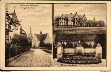 CPA Klettwitz Schipkau Oberspreewald Lausitz, Schule, Evangel. Kirche, Kriegerdenkmal