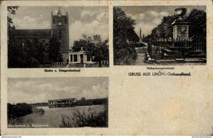 CPA Linum Fehrbellin in Brandenburg, Kirche, Kriegerdenkmal, Hakenbergdenkmal, Karpfenteich