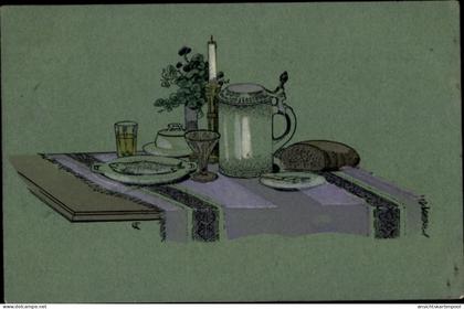 CPA Rabenstein Amt Niemegk Brandenburg, Eine gedeckte Tafel mit Brot, Bierkrug, Kerze, Weinglas...