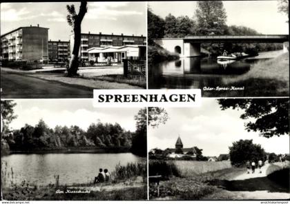 CPA Spreenhagen in Brandenburg, 4 Bilder, Oder-Spree-Kanal, Am Kiesschacht, moderne Gebäude