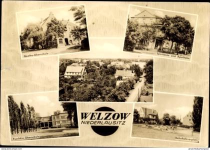 CPA Welzow Niederlausitz, Goethe-Oberschule, Puschkin-Oberschule, Sparkasse, Bahnhof, Niederschles